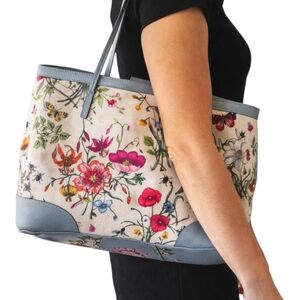 Gucci Floral Canvas Tote Blue Leather Trim Botanical Print Shoulder Bag W/COA